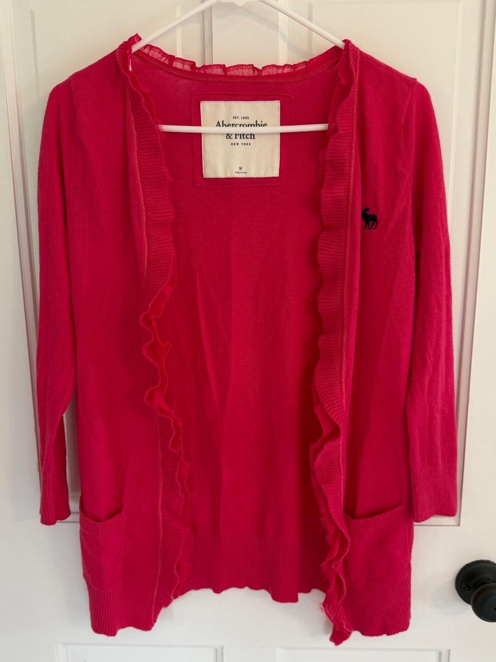 Abercrombie & Fitch Bright Pink Ruffle-Trim Open Cardigan